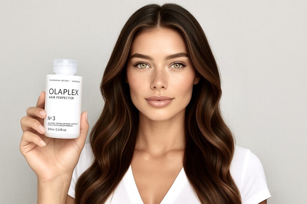 Frau mit glänzendem, gepflegtem Haar hält Olaplex No. 3 Hair Perfector Flasche in der Hand