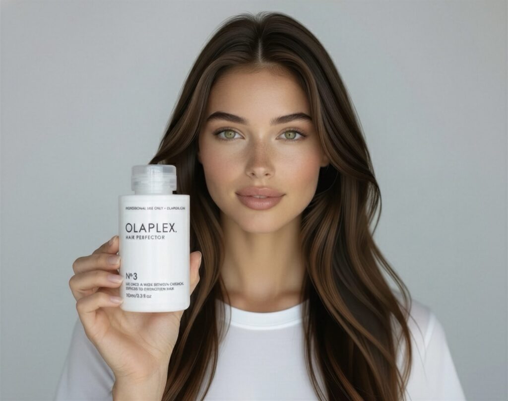 Frau mit glänzendem, gepflegtem Haar hält Olaplex No. 3 Hair Perfector Flasche in der Hand