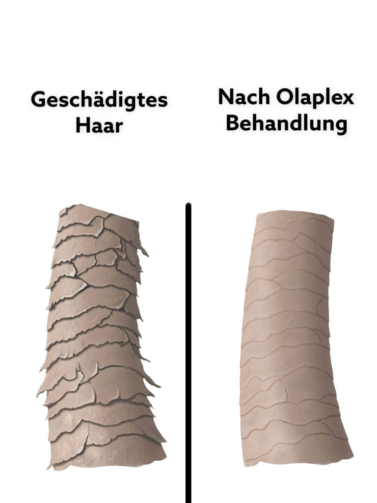 Vergleich: Geschädigtes Haar vor und nach einer Olaplex-Behandlung – sichtbar glattere Haarstruktur nach der Pflege