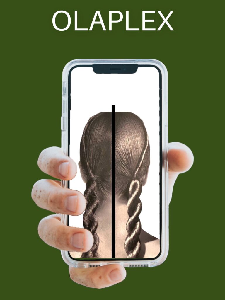 Olaplex Vorher-Nachher Vergleich – Haare auf einem Smartphone mit deutlichem Unterschied zwischen unbehandeltem und gepflegtem Haar